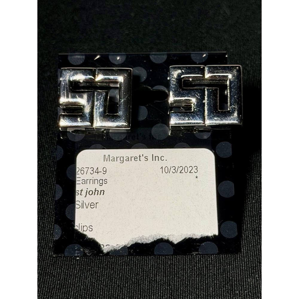 St. John Vintage Silver Tone SJ Logo Clip On Earrings Large Geometric